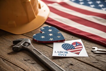 Obraz premium Patriotic labor day still life arrangement with american flag safety hard hat and adjustable wrench on rustic wooden surface