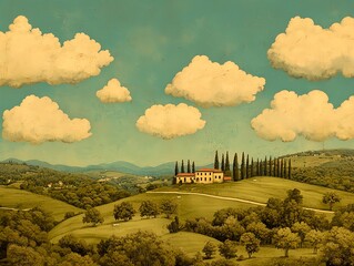 Naklejka premium A surreal illustration of colorful Tuscan villas surrounded by rolling green hills and dramatic white clouds in a dreamlike vineyard landscape