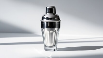 Sleek Silver Glass Cocktail Shaker with Chrome Lid on White Surface in Studio Lighting