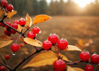 Autumn Berries with Dew at Sunrise