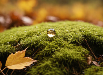 Dew Drop on Mossy Autumn Ground