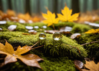 Dew Drops on Mossy Autumn Ground