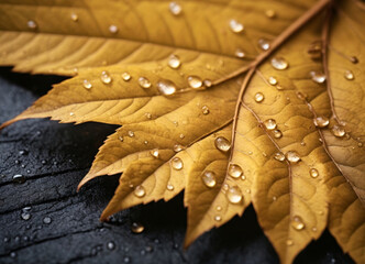 Golden Autumn Leaf with Dew Drops