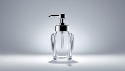 Sleek Transparent Glass Dispenser with Chrome Pump on White Backdrop Featuring Clear Liquid Soap in Clean Minimalist Studio Setting