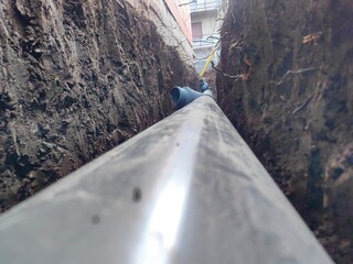 Plastic sewage pipes in the ground for rainwater drainage