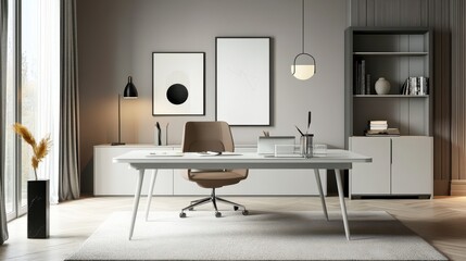 Modern office interior with desk artwork chair and window light