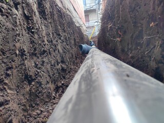 Plastic sewage pipes in the ground for rainwater drainage