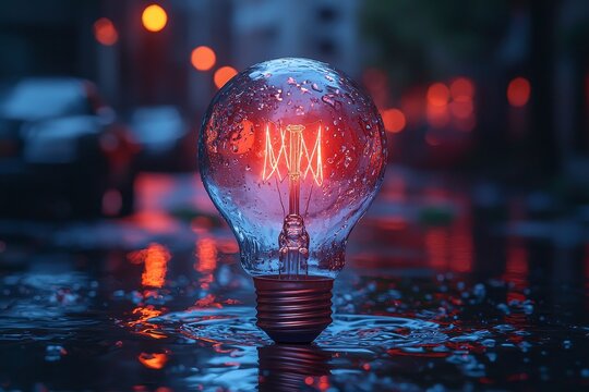 Studio photography at high speed focuses on the precise moment a bullet strikes a vintage electric bulb. The frame details the explosion of glass under a blue and purple light, symbolizing outdated