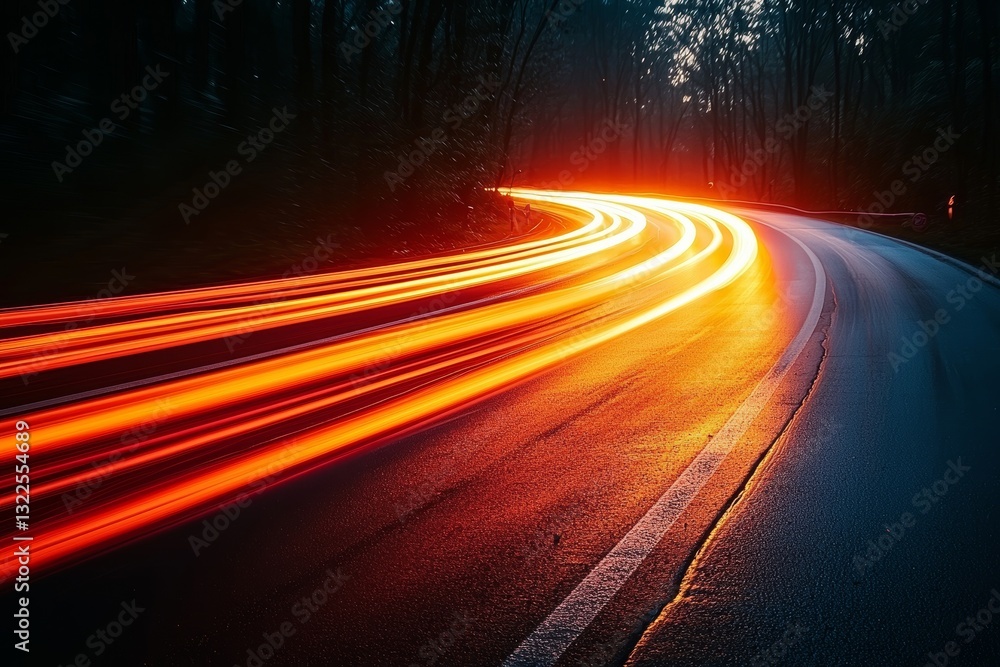 Poster red lines in abstract form denote the speed of the road in red. on a dark background, red light trai