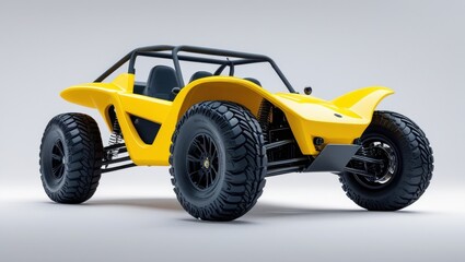 Vibrant Yellow Dune Buggy with Black Wheels and Protective Cage on Gray Backdrop for Off Road Adventure