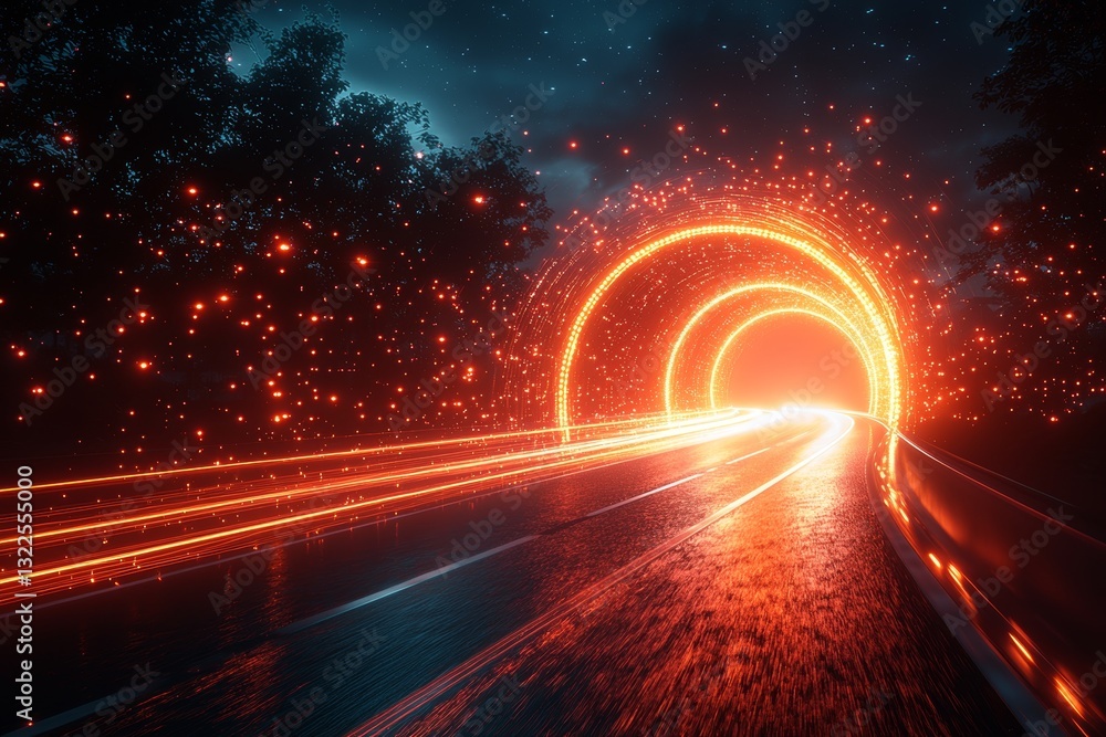 Poster abstract red lines signify the speed of the road in red tones. red light trails emerge on a black ba
