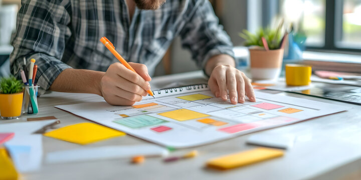 Social media manager planning content calendar in a bright office space creative workspace modern view