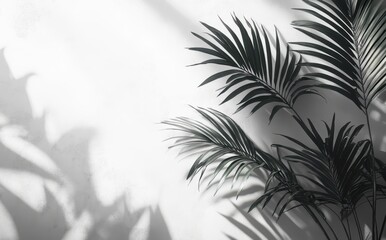 Natural Shadows of Green Palm Leaves on Light Gray Wall Creating a Serene and Minimalist Aesthetic for Home or Office Decor
