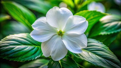 Obraz premium Close-up of Delicate White Impatiens Flower with Shallow Depth of Field and Lush Green Leaf Background