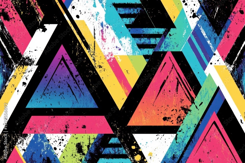 Poster an abstract geometric pattern, featuring bold black lines and vibrant neon colors against a stark wh