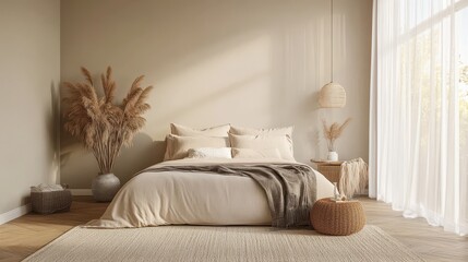 A serene and beautifully decorated bedroom with neutral color tones