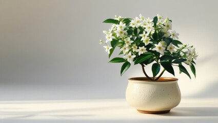 Fototapeta premium Delicate Jasmine Plant with Small White Flowers in Ceramic Pot with Subtle Lighting and Minimalist White Background