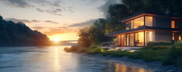Fototapeta premium Modern house sits idyllically beside a tranquil river at sunset