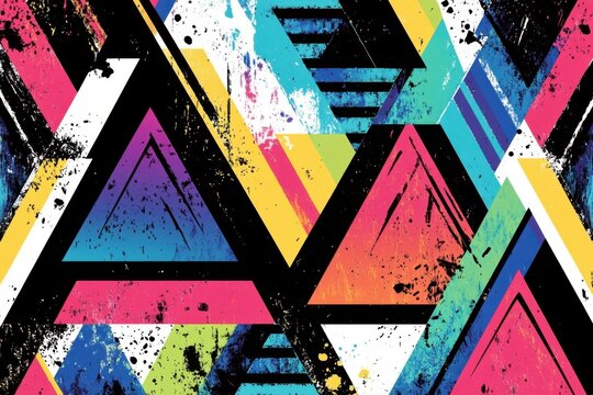 an abstract geometric pattern, featuring bold black lines and vibrant neon colors against a stark white background includes triangles with a rainbow effect Generative AI