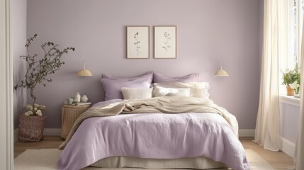 A lavender bedroom decorated with soft linen bedding and plants