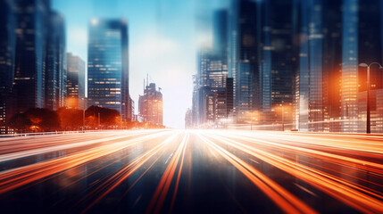 Fototapeta premium Bright light motion trails zip through an urban street as tall skyscrapers rise against a dusky sky. The city buzzes with evening activity and energy - Abstract background - Generative AI.