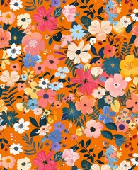 Vibrant Orange Background with Colorful Flowers and Leaves in Pastel Colors