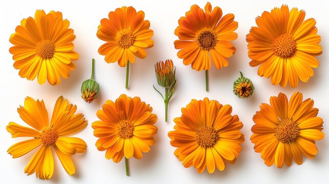 Vibrant Orange Calendula Flower Isolated on Clean Lines Flat Lay Background