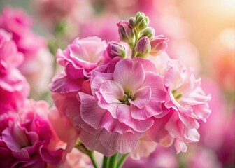 Fototapeta premium Close-up Pink Matthiola Incana Stock Flower, Gillyflower, Hoary Stock Bloom Detail