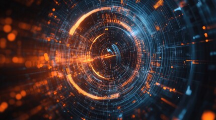 A D-printed futuristic technology symbol, surrounded by digital holographic lights and cyber aesthetics.