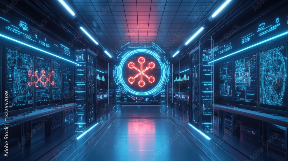 Poster a d-rendered neon-outlined technology symbol floating in a high-tech workspace with futuristic holog