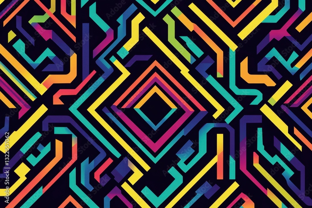 Poster a colorful geometric pattern, featuring bold lines and shapes on a black background includes triangl