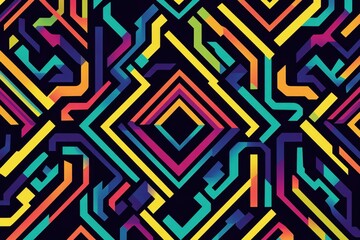 a colorful geometric pattern, featuring bold lines and shapes on a black background includes triangles with rainbow colors and arrows forming an intricate maze-like structure Generative AI