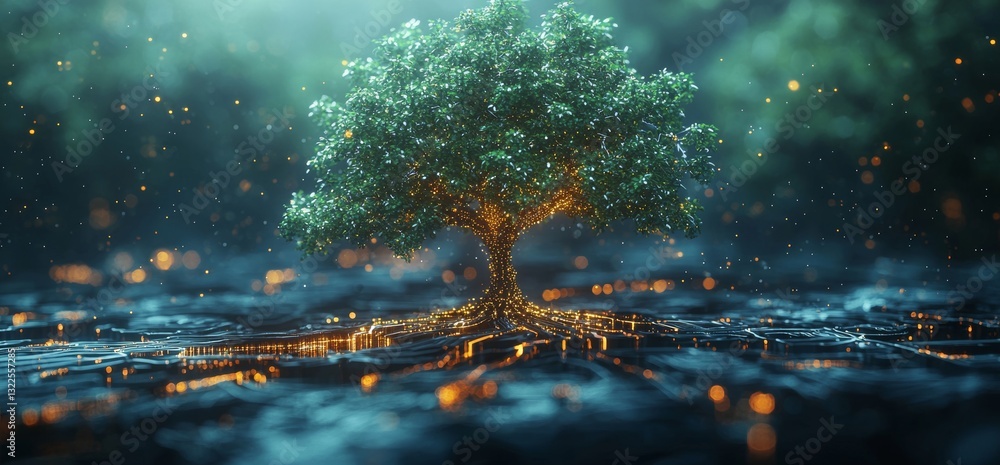 Poster a futuristic digital world with a tree connected to a technology interface