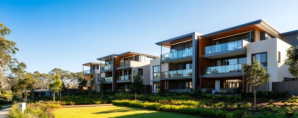 Obraz premium Modern apartment buildings with balconies sit on manicured lawns