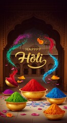 A vibrant Holi celebration featuring colorful powders and ornate gold bowls as participants splash joyfully together in the streets.