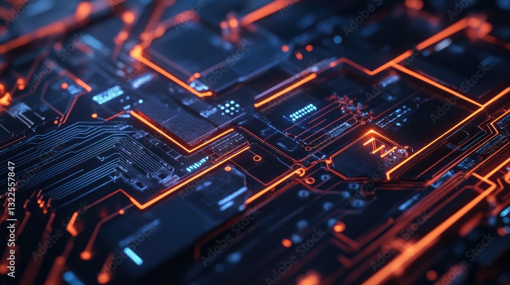 Poster a circuit-inspired technology symbol, embedded into a dark, futuristic holographic interface with a 