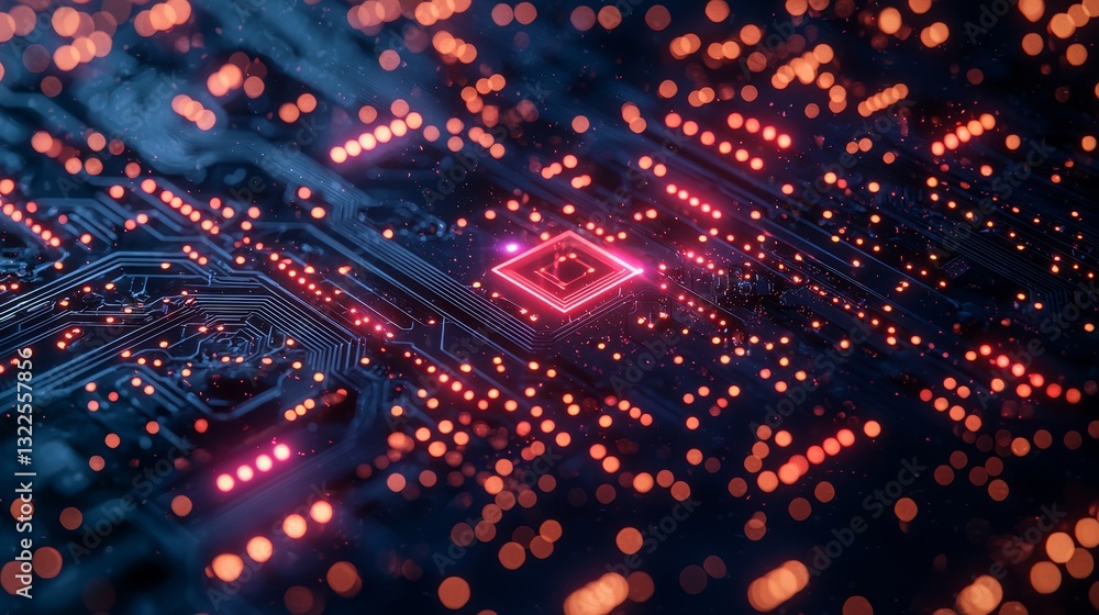 Poster a blue tech background showcases a circuit board with connected lines and a navy gradient representi