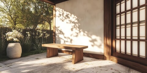 An outdoor bench and garden space bathed in natural light