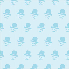 帽子を被ってメガネをかけた口ひげのある紳士のシームレスパターン 父の日 青色