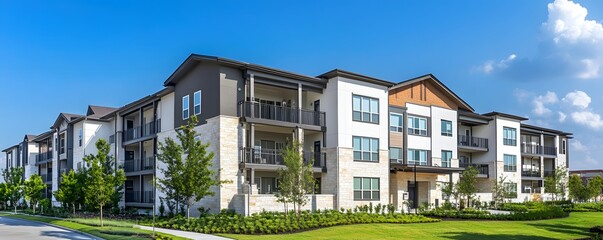 Obraz premium Modern apartment complex with balconies stands against clear blue sky