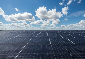 Expansive solar energy farm with blue sky and white clouds in a renewable landscape