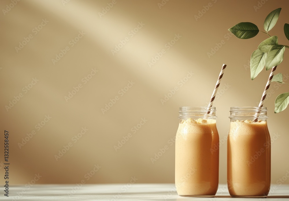 Poster refreshing smoothie jars with straws on minimalist background highlighting natural ingredients and s