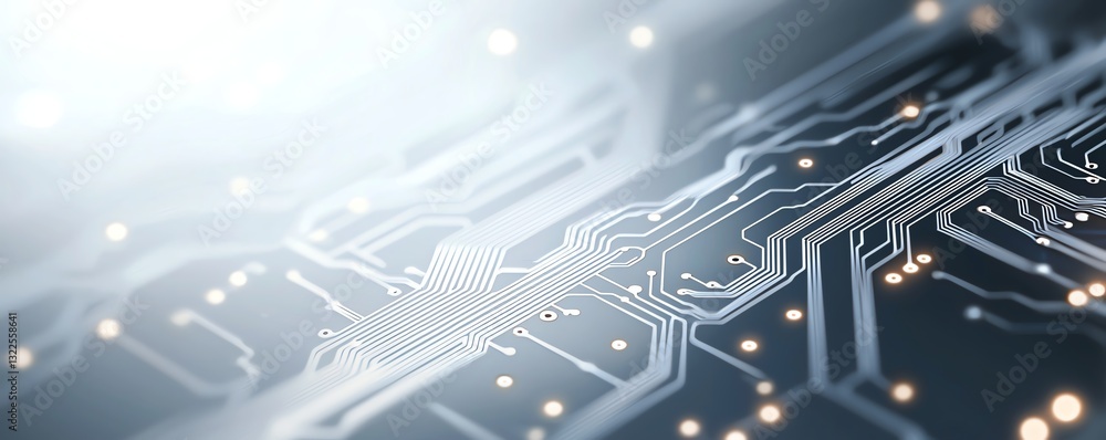 Poster close-up of a futuristic circuit board highlighting intricate lines and glowing lights. this image r