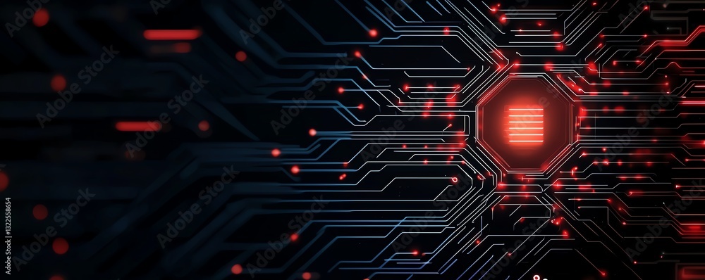 Poster a close-up of a futuristic digital circuit board with glowing red elements. the image symbolizes inn