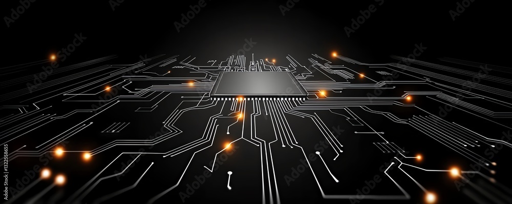 Poster a futuristic close-up of a circuit board, showcasing intricate pathways and glowing elements. this h
