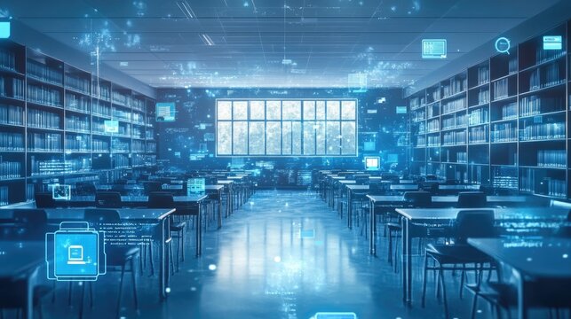 A conceptual D classroom featuring a deep blue virtual space with glowing holographic educational subject icons.