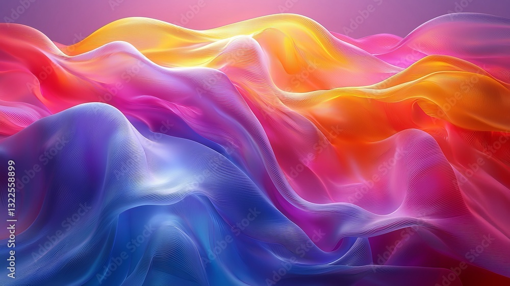 Poster the 3d rendering presents holographic, dynamic, twisted shapes in motion over an abstract background