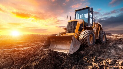 Majestic Sunset Over Construction Site with Yellow Bulldozer