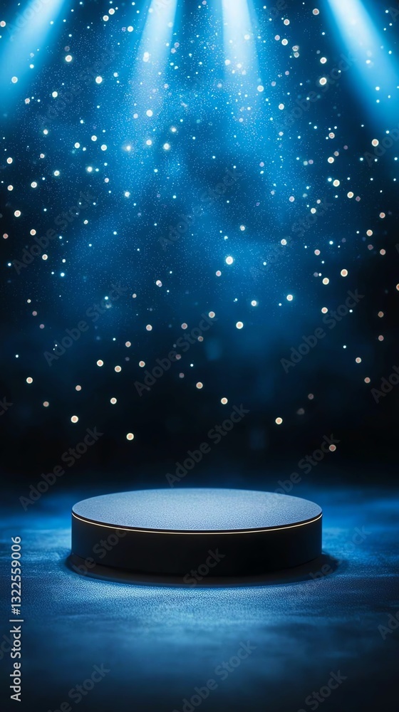 Poster a stunning view of an empty stage illuminated by blue lights and shimmering stars, creating a magica