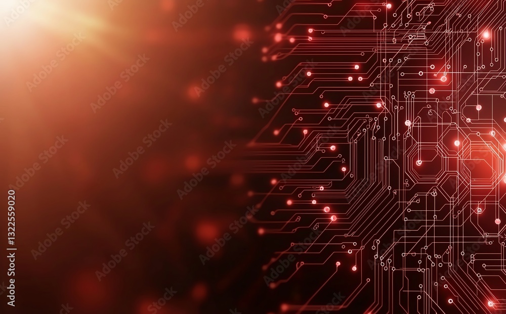 Aufkleber this image features a vibrant red and black abstract background with intricate circuit patterns, rep